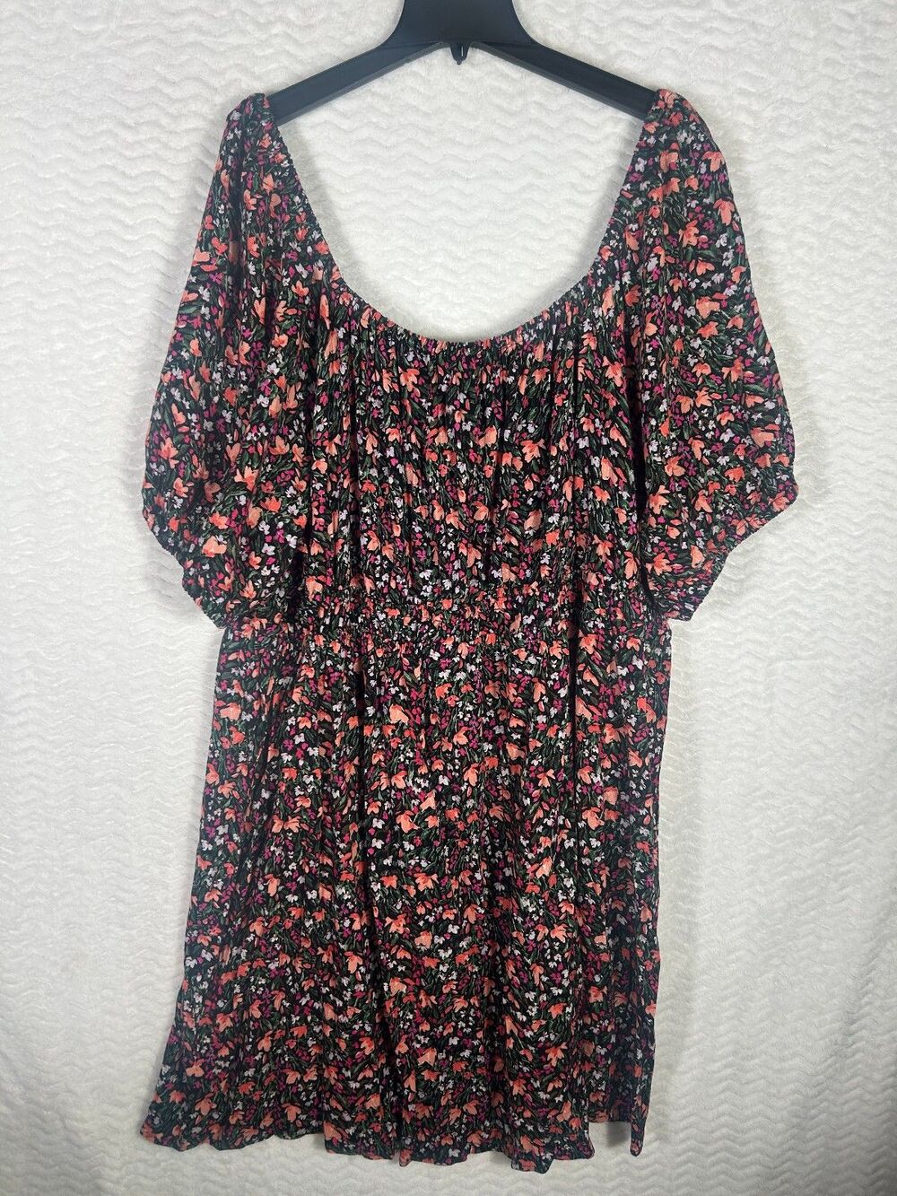 Terra & Sky Peasant Top Womens 3X Black Orange Floral Boho Smocked Tie Back